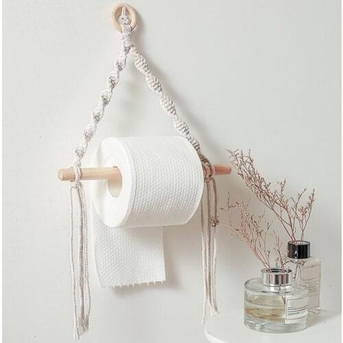 Nordic Style Towel Holder Wooden Paper Towel Anti-corrosion Storage Rack Rope Hanging Shelf Household Supply Bedroom Decor
