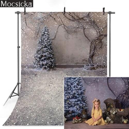 Snow Birthday Portrait Photography Backdrop Gray Brick Wall Winter Snowflake Background Christmas Tree Photo Shoot Studio Decor