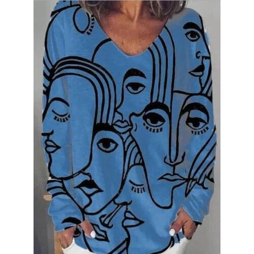 Gray Irregular Abstract Face Print V Neck Graphic T Shirts Plus Size Casual Fashion Long Sleeve Summer Top for Women New 2021