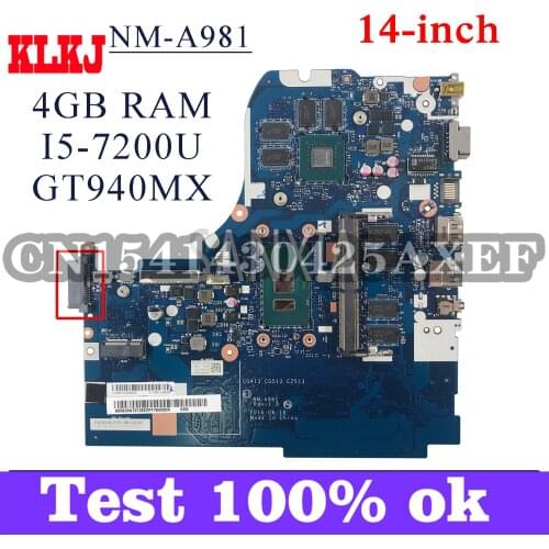 KLKJ NM-A981 Laptop motherboard for Lenovo 310-14IKB (14 inch) original mainboard 4GB-RAM I5-7200U GT940MX/920MX
