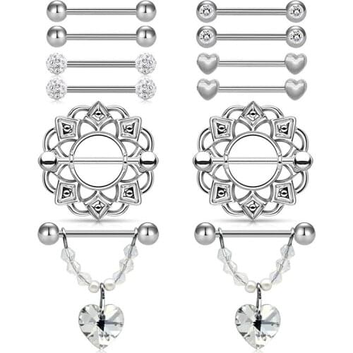 14G Nipple Rings Tongue Ring Circular CZ Nipplerings Piercing Chain Dangle Nipple Barbell Tongue Piercing for Women Girls