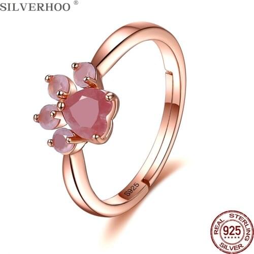 SILVERHOO Sterling Silver 925 Jewelry Adjustable Rings For Women Pink Animal Paw 5A+ Cubic Zirconia Cute Ring Anniversary Gift
