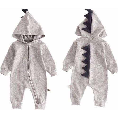 Free Shipping Baby Boy Girls Pink Grey Dinosaur Outfits Long Sleeve Soft Cotton Rompers Hooded Jumpsuit Autumn Overalls
