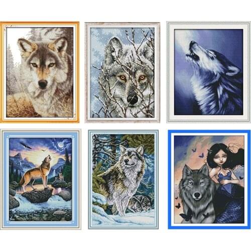 Wolf and Beauty Cross Stitch Kits 11CT14CT Animals Printed Patterns Crafts Chinese Needlework Counted Embroidery Accessories Set