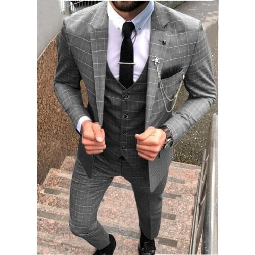 Teal/Grey/Brown Mens Suit 3 Pieces Plaid Business Casual Notch Lapel Tuxedos Groomsmen Men Suits for Wedding(Blazer+vest+Pants)
