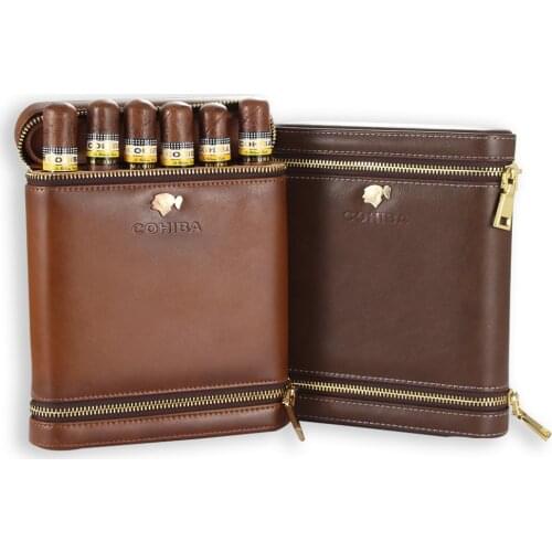 COHIBA Leather Humidor Cigar Case Travel Cigar Box Portable Zipped Cedar Wood W/ Humidifier Cigar Humidor Box Gift Packaging