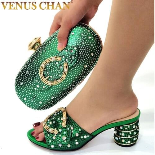 African 2021 Hot Selling green Color Italian Design Colorful Rhinestone Style Wedding Women Shoes and Bag Set for Party