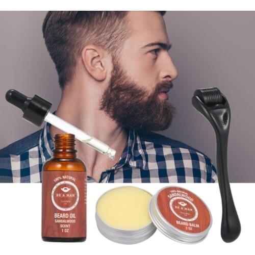 4 Pcs Set Beard Growth Roller Kit Beard Growth Essence Oil Nourish Mens Derma Massager Jade Roller Gua Sha Facial Care Tool Set