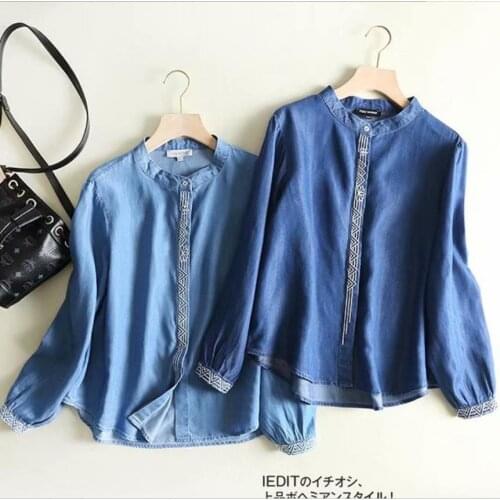 2020 new Spring fashion o-neck women jeans blouse embroidery long sleeve Tencel denim shirt tops