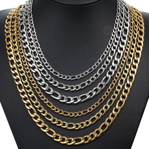 New 5/7/9mm Gold Color Stainless Steel Figaro Link Chain Choker Necklace for Men Women Fashion Male Accessories Wholese DKNM177