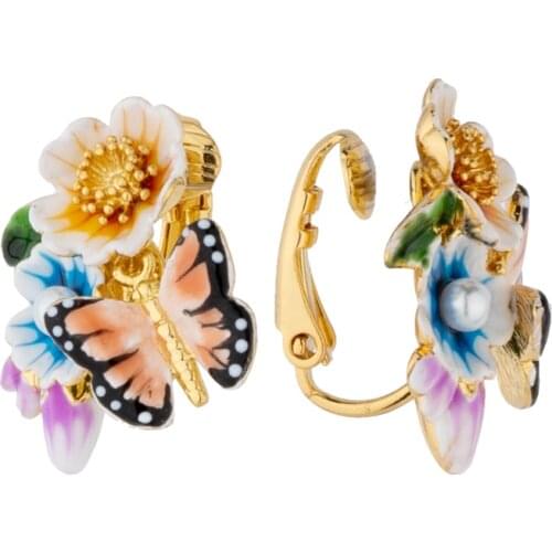 Jaeeyin 2021 New Arrive French Retro Elegant Unique Earrings Colorful Butterfly Flower Enamel Decorate Ear Clip for Lady Craft