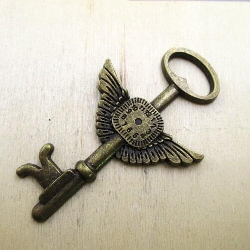 3pcs--45x76mm Huge Steampunk Key Lovely Time hine Clock Wings Key Pendant DIY necklace/ bracelets charms antique Bronze tone