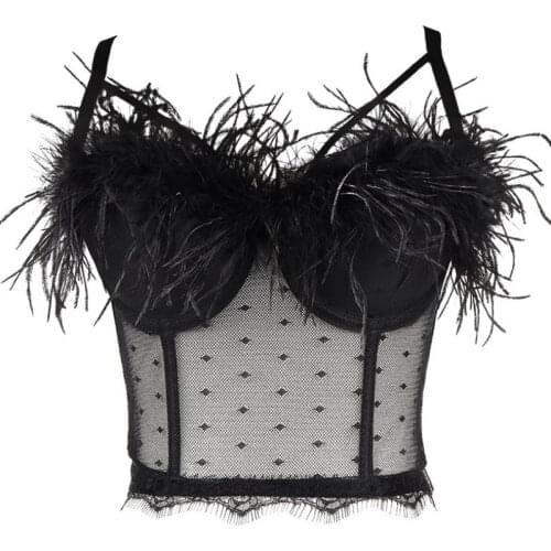 Feathers Black Color Velvet Vest Push Up Bralet Bra With Breast Pad Crop Tops Camis Polka Dot Mesh See Through Corselets
