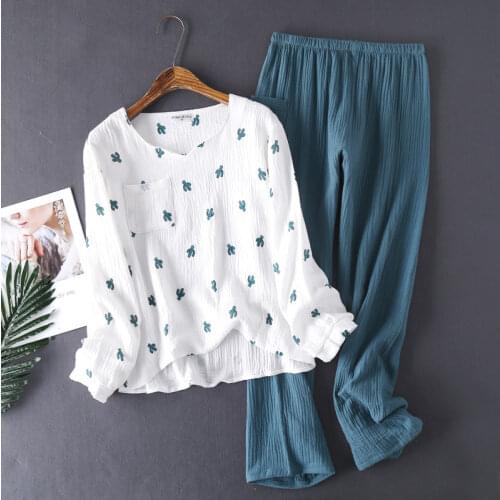 Womens Cotton Pyjamas Water-washed Pijamas Crepe Yarn Short-sleeved Long Pants Sleepwear Home Suit Women Pajamas 2-piece Set