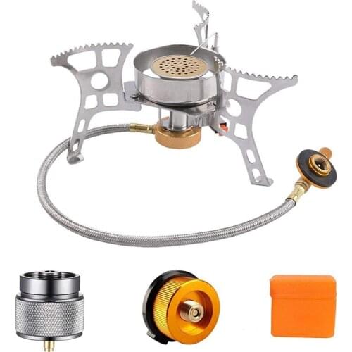 Portable Camping Stove Burner with Piezo Ignition, Types Propane Stove Adapter, Folding Copper Core Backpacking Stove