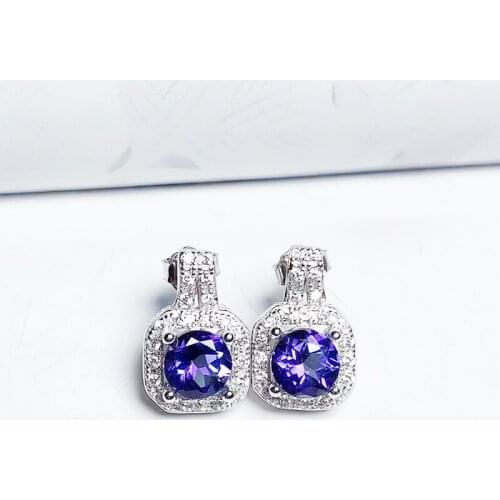 Per jewelry Natural real dark blue topaz round stud earring 1ct*2pcs gemstone 925 sterling silver Fine jewelry T20411