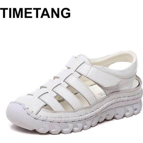 TIMETANG Women Sandals 2021 Summer Shoes Genuine Leather Covered Toe Soft Casual Walking Zapatos Mujer Plataforma big size 43