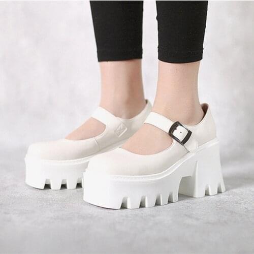 Buckle strap round toe 8.5cm super high heels wedge streetwear fashion preppy style thick bottom black beige shoe HL347 MUYISEXI
