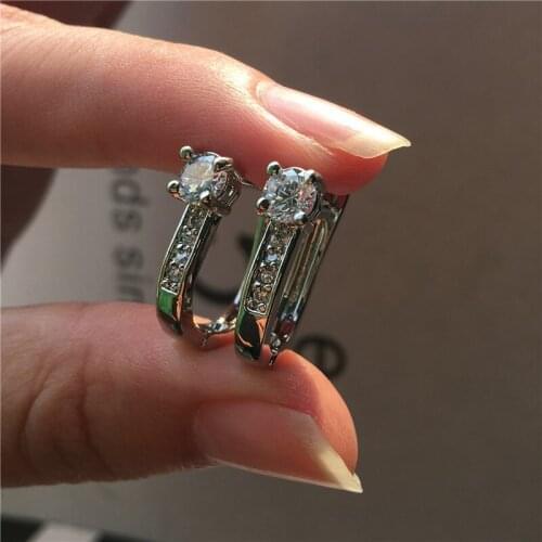 Vintage Female White Zircon Stone Earrings Classic Silver Color Clip Earrings For Women Simple Round Crystal Wedding Earring