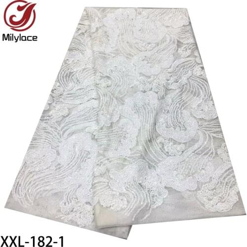 High Quality French Nigerian Sequins Net Lace 5Yards/lot African Tulle Mesh Sequence Lace Fabric for Party XXL-182