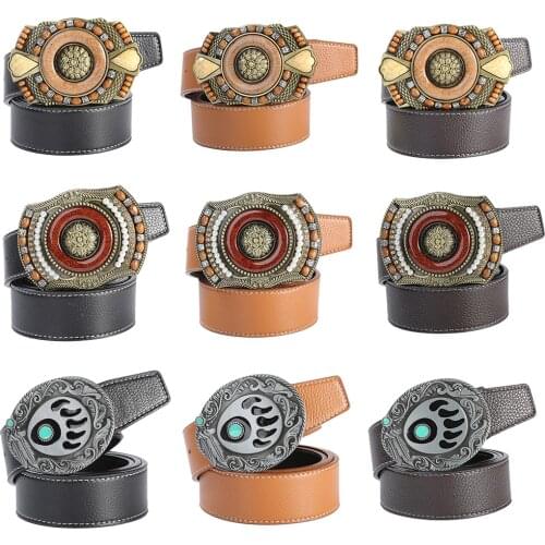 Western Boho Leather Belt Jeans Belt - Native Indian Tribal Cowboy Rodeo Large Belt Buckle for Men/Women