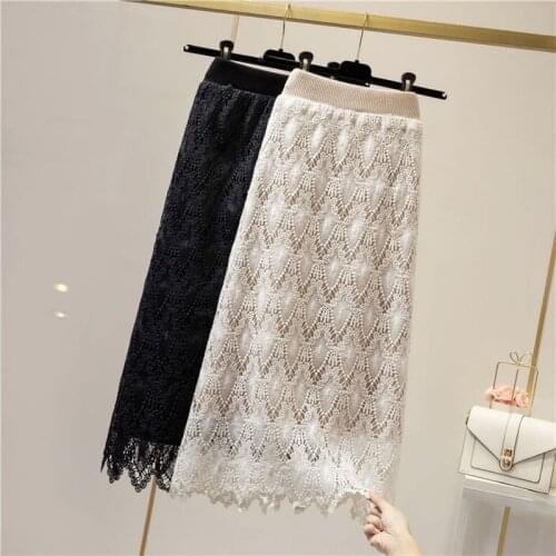 High Quality Korean Fashion Women Autumn Long Skirts Sexy Hollow Out Knitted Skirt Chic Elastic Waist Crochet Lace Skirt Y667
