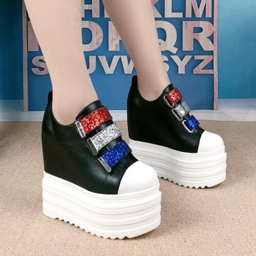 Womens Ankle Boots 2019 Autumn PU Leather Shoes Woman Platform Height Increased Sneakers 14 CM Thick Sole Wedges White Boots