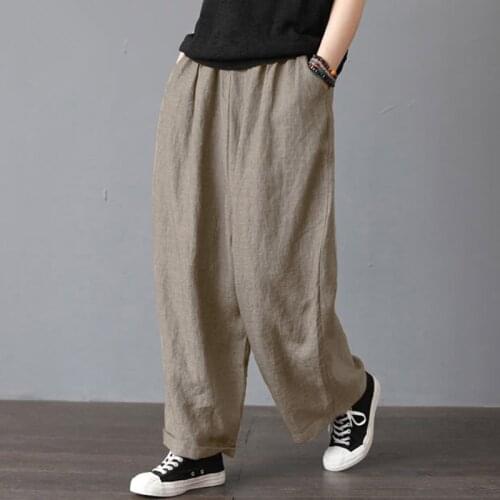 Full 2021 Women Wide Leg Pants Elastic Waist Pants Cotton Linen Women Pants Solid Pocket Lady Pants Casual Plus Size 5XL