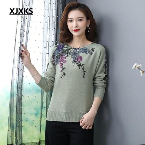 XJXKS 2020 Spring New Women Printing Sweater Country Style Plus Size High-end 100% Wool Soft Casual Women Sweater Pullover