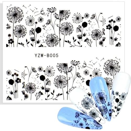 1 Sheet 3D Nail Stickers Black Flying Dandelion Nail Art Water Transfer Decals Flowers Tattoos Sliders Manicuring Decoration Tip
