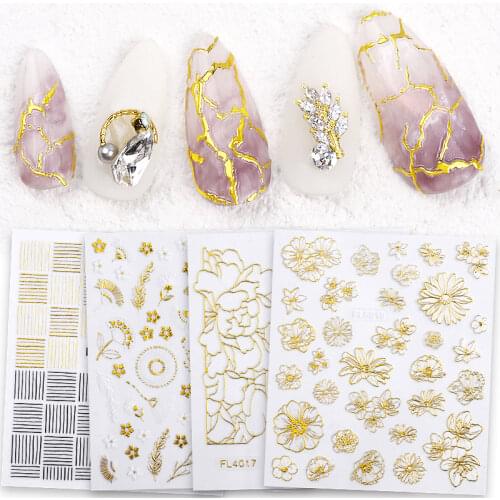 1Sheet New Gold Bronzing 3D Nail Art Sticker Flower Wave Line Designs Adhesive Metallic Charm Nail Decal Manicure Decorations