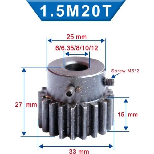 1 Piece 1.5M20T Spur Gear Bore 6/6.35/8/10 /12 mm pinion gear Low Carbon Steel Material High Quality gear wheel for motor