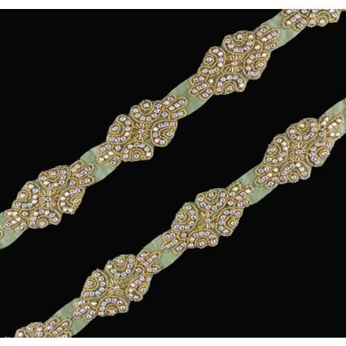 10Yard Newly High Quality Beaded Wedding Rhinestone Applique Trim Hot Fix Gold Crystal Trimming Button For Bridal Dress/Hair
