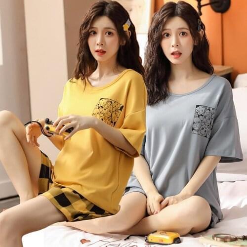 2021 Summer Plus Size Cotton Short Sleeve Pajama Sets for Women Casual Plaid Shorts Sleepwear Homewear Pijama Mujer Home Clothes