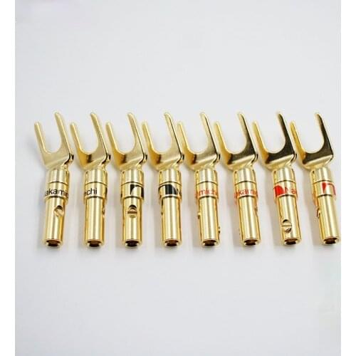 8pcs Free Shipping Nakamichi Brass Gold plated and Silver Plated Y Spade Speaker Plugs Audio Screw Fork Connector Adapter