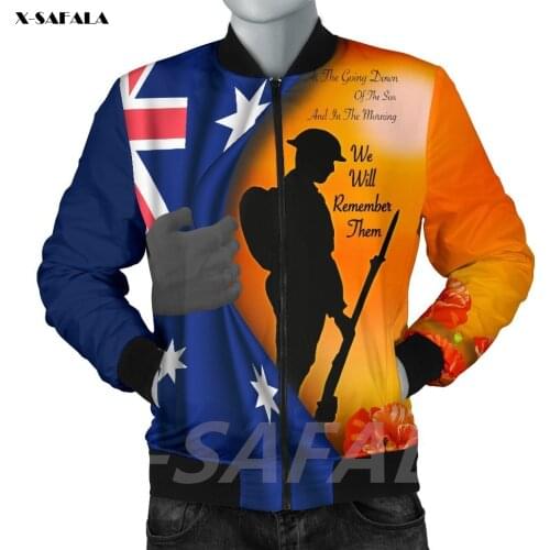 Australia We Will Remember Them 3D Printed Bomber Thick Jacket Man Female Outwear Baseball Flight Pilot Jacket Zipper Coat