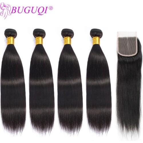 BUGUQI Peruvian Straight Hair Bundles With Closure 4x4 Lace Closure With 4 Bundles Non-Remy Human Hair Bundles With Closure