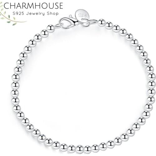 Charmhouse Pure Silver 925 Jewelry 4mm Beads Ball Chain Bracelet for Women Bangles Wristband Pulseira Femme Wedding Party Gifts