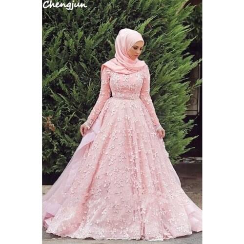 Chengjun Muslim Lebanon Pink Flower Best Pink Long Sleeve Ball Gown Wedding Dress