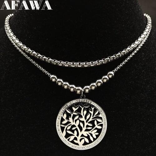Long Bead Lotus Crystal Stainless Steel Statement Necklace Women Silver Color Flower of Life Jewelry collier N26S01