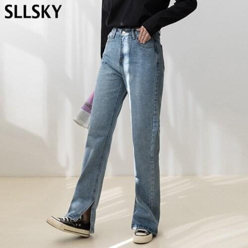 SLLSKY Vintage High Waist Straight Jeans Women Streetwear Loose Female Denim Trouses Zipper Split Ladies Full Length Jeans