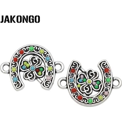 JAKONGO Sliver Plated Crystal Clover Horseshoe Connectors for Jewelry Making Bracelet Findings Accessories DIY 15x20mm