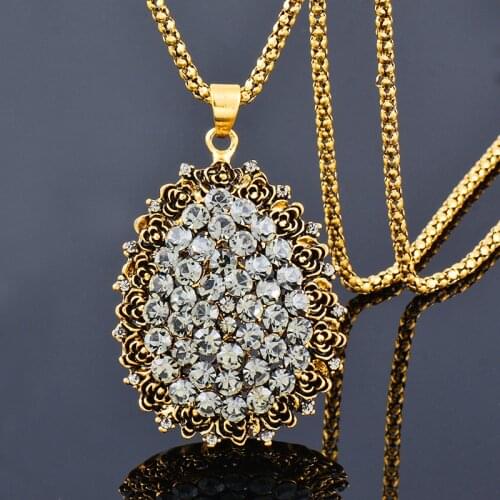 KIOOZOL Vintage Big Rhinestone Drop Pendant Necklace Gold Silver Color Long Necklace For Women Wedding Party Jewelry 033 KO3