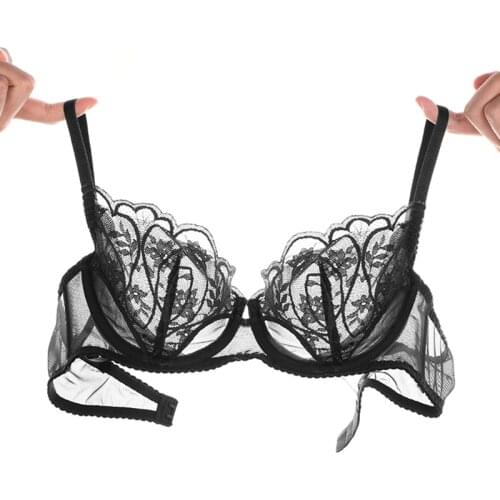 New Black Lace Bra And Panty Set Plus Size Ultra Thin Floral Embroidery Brassiere Mesh Underwear Women Transparent Sexy Lingerie