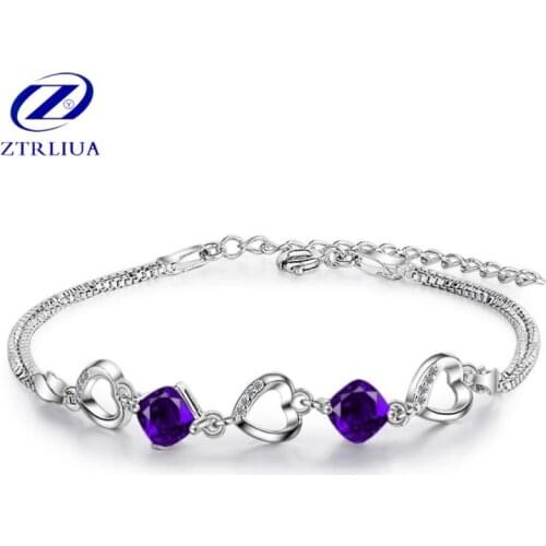 Beautiful Exquisite Popular 925 Sterling Silver Jewelry Purple Crystal Heart Shaped Love Female Gift Bracelets SB95