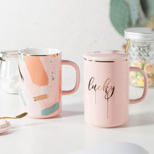 Korean Creative Ceramic Mug Modern Girl Pink with Spoon with Lid Mug Fashion Kubek Do Kawy Korean Office Coffee Milk Mug MM60MKB
