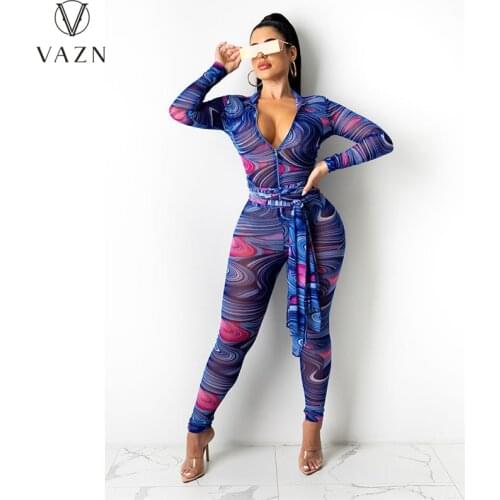 VAZN 2021 Hot Sales Early Autumn Young Office Lady Sexy Vintage Lace Up Top Full Sleeve Women Skinny Long Pencil Jumpsuits
