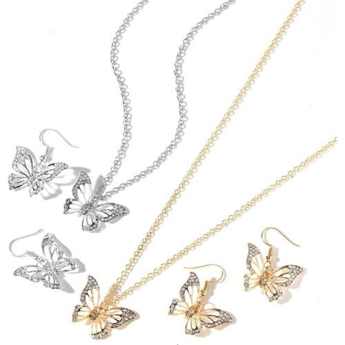 Fashion Hollow butterfly Rhinestone Gold Silver color animal necklace pendant with earrings jewelry set for women girls gifts