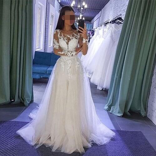 Fashion A-line Lace Applique Wedding Dress Sheer Long Sleeves Bridal Gowns Beach Party Prom Vestidos de Noiva 2020