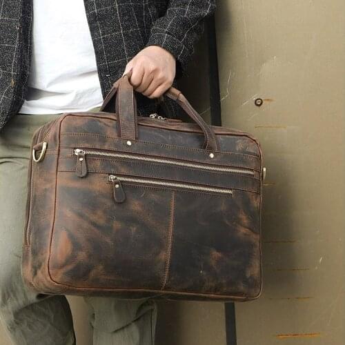 Men Briefcase Shoulder Bag 17"Briefcases Real Leather Man Brown Business Travel Vintage Casual Designer Crossbody Brand Bags